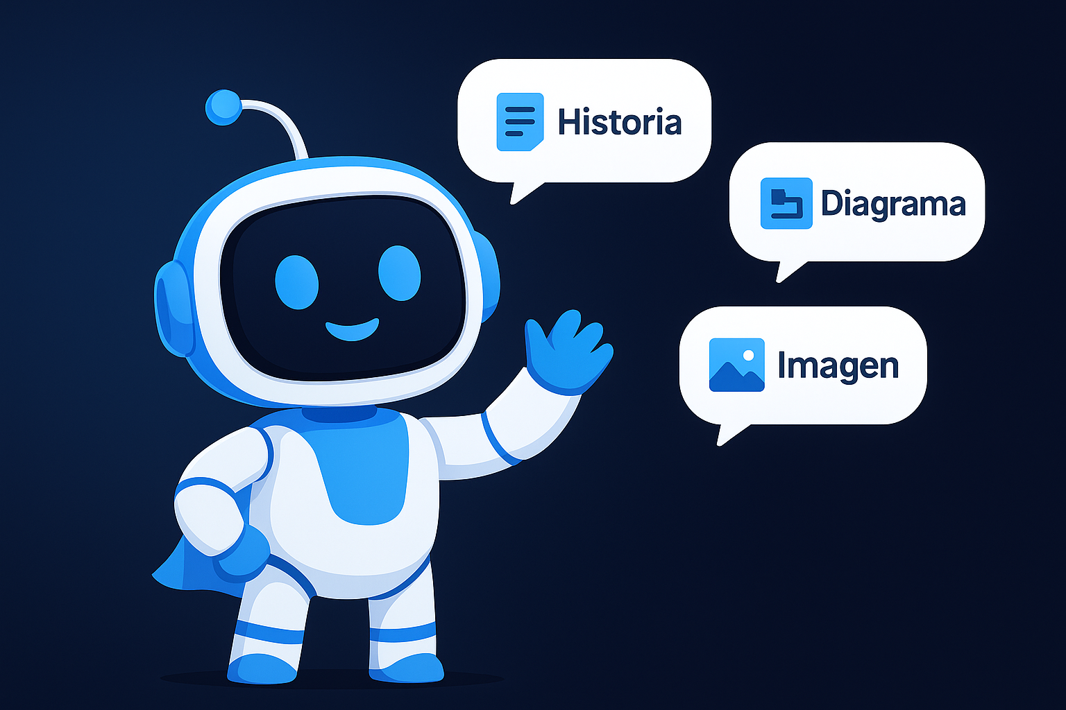 Ilustración representando IA generando historias, diagramas e imágenes